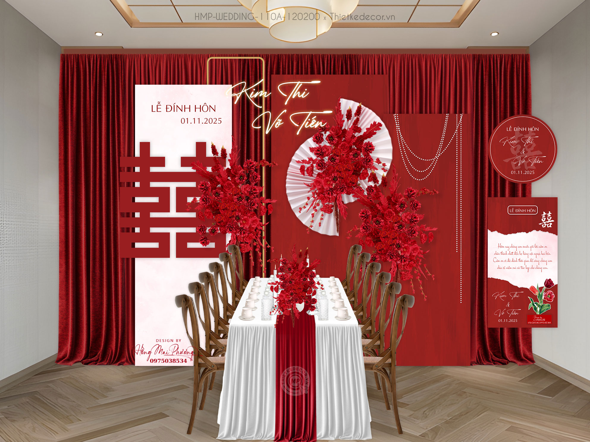 Gia tiên tone đỏ cách điệu tinh giản kèm tem nước, tag bàn